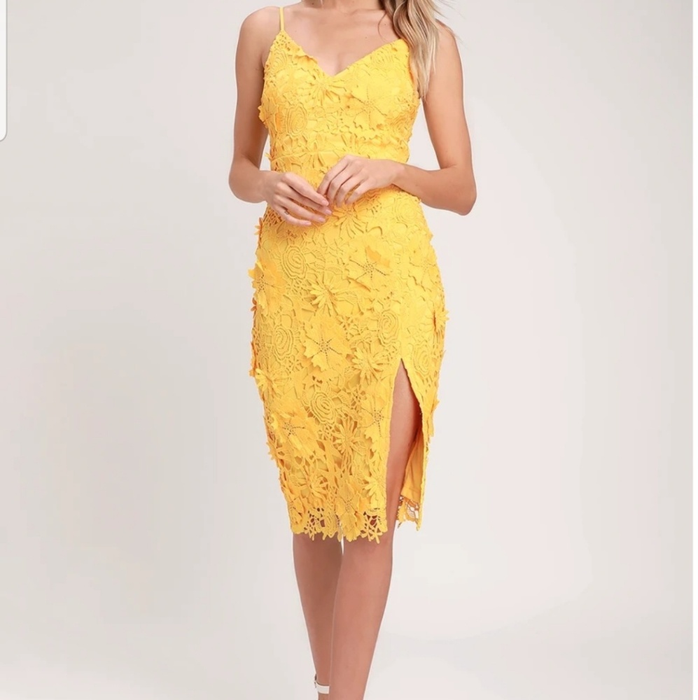 Lulu's Yellow Lace Midi Dress with Side Slit
